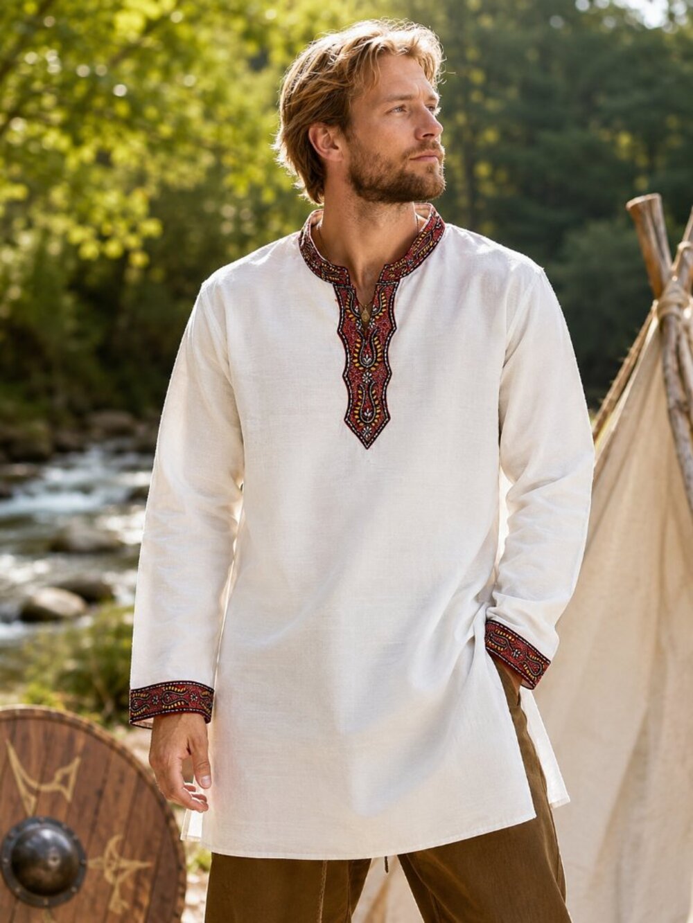 Mens Boho Festival Viking Pagan Folk Embroidered Linen Look Tunic Shirt 36